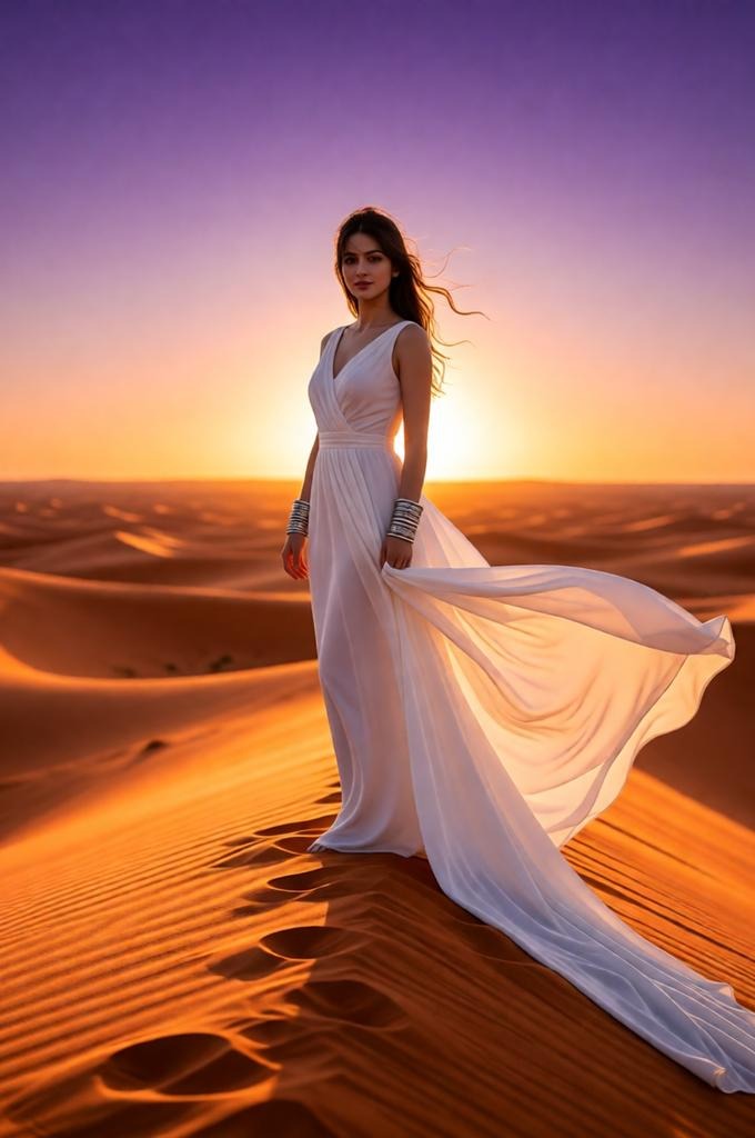 Woman in a white gown standing on a desert dune at sunset.