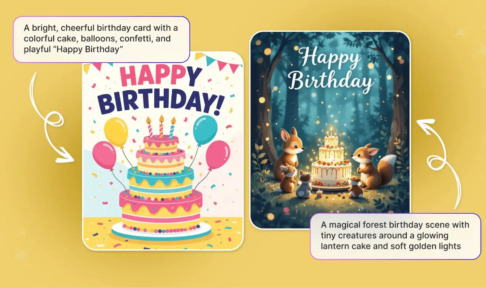 a prompt box with birthday card generations on a yellow background.