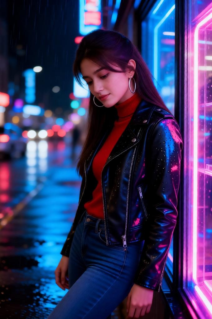 A woman in a leather jacket is leaning on a neon-lit window on a rainy night street.