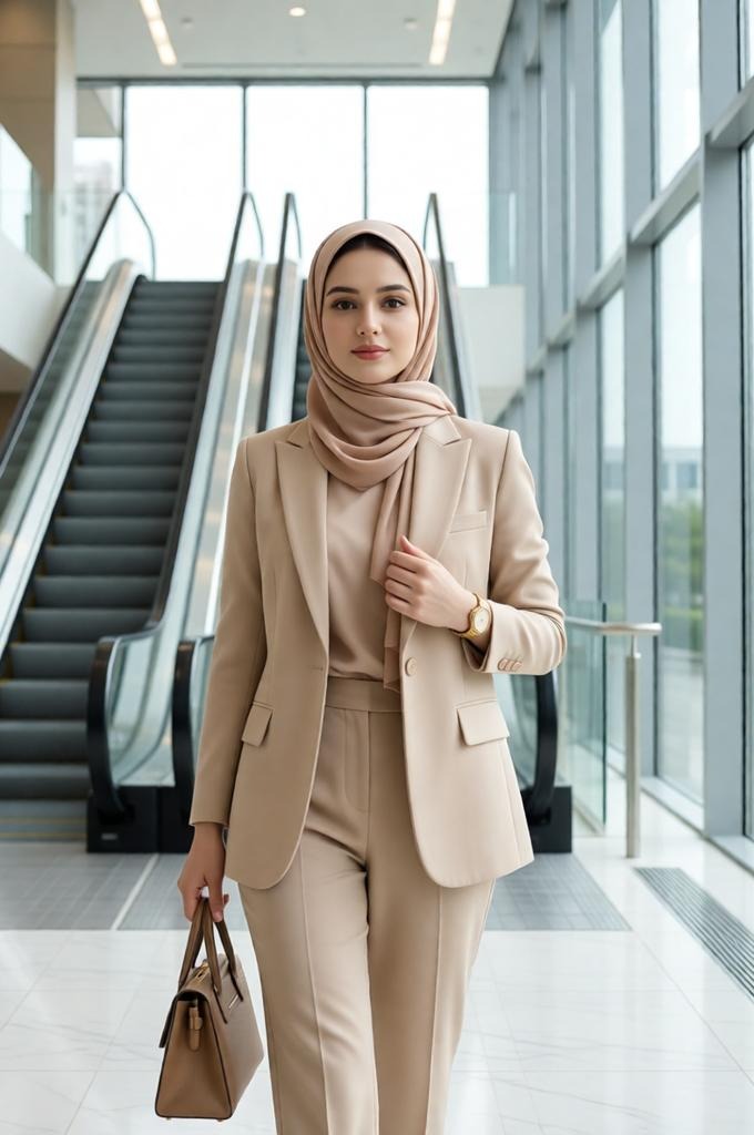 A woman in a pantsuit walks into a modern glass office.