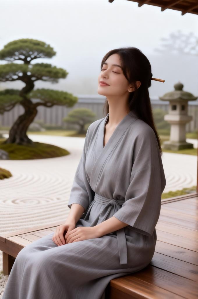 A woman sitting in a Zen garden wearing a soft linen dress.
