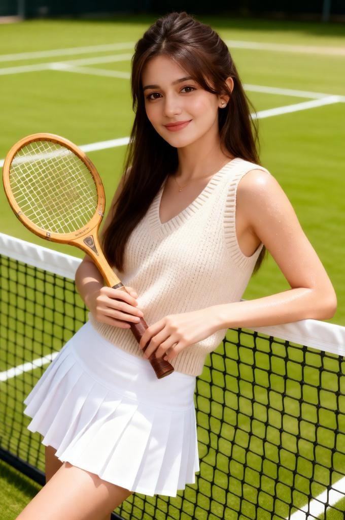 A woman in a tennis outfit leaning on the court net.
