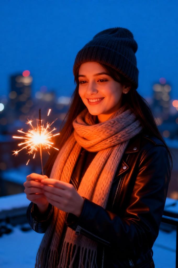 A woman holding a sparkler on the rooftop at night.