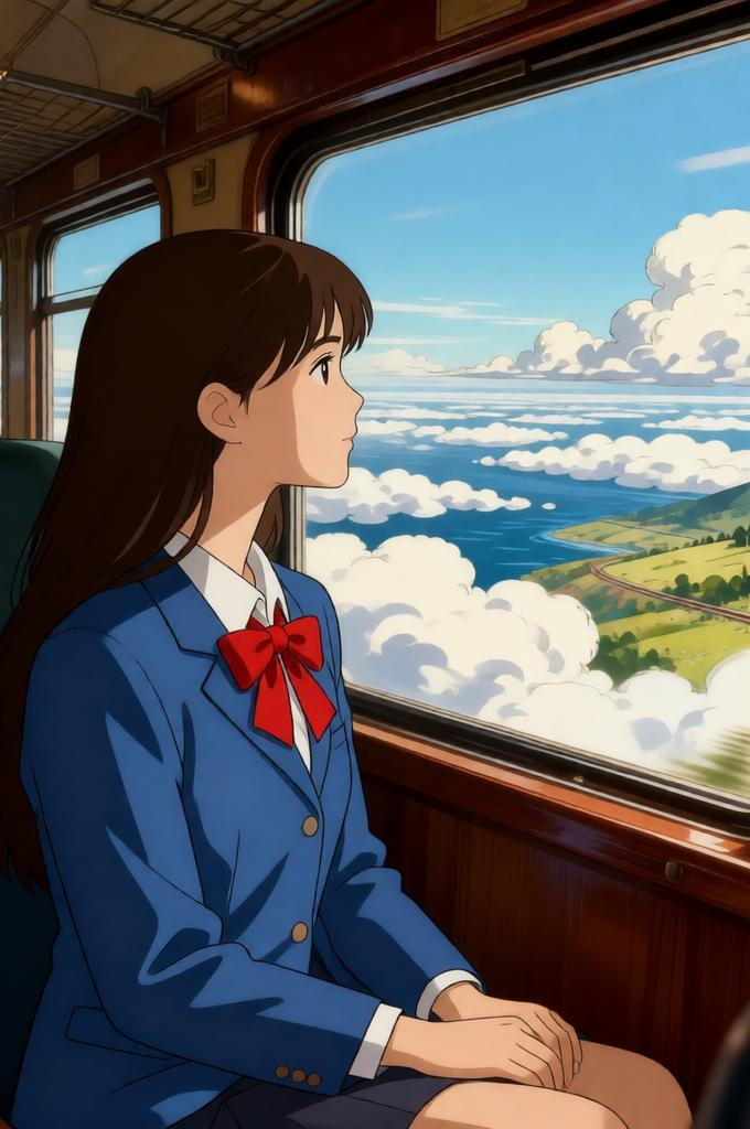 A woman in a train looking out the window at clouds.