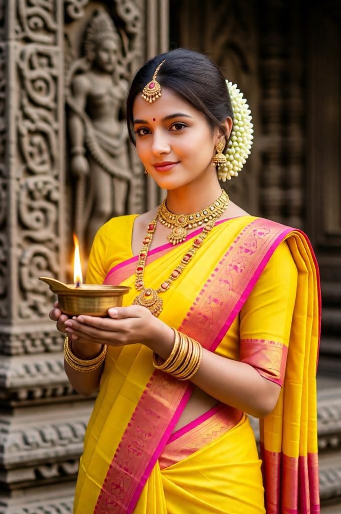 A woman in a saree holding a diya in a temple setting.