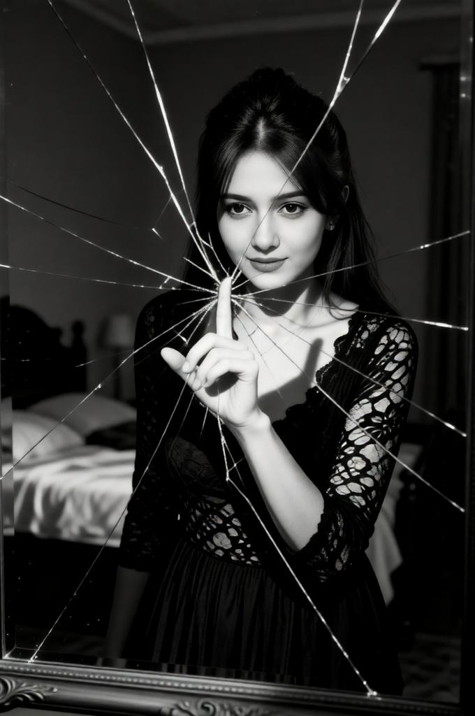 A woman in a black dress is looking into a cracked mirror.