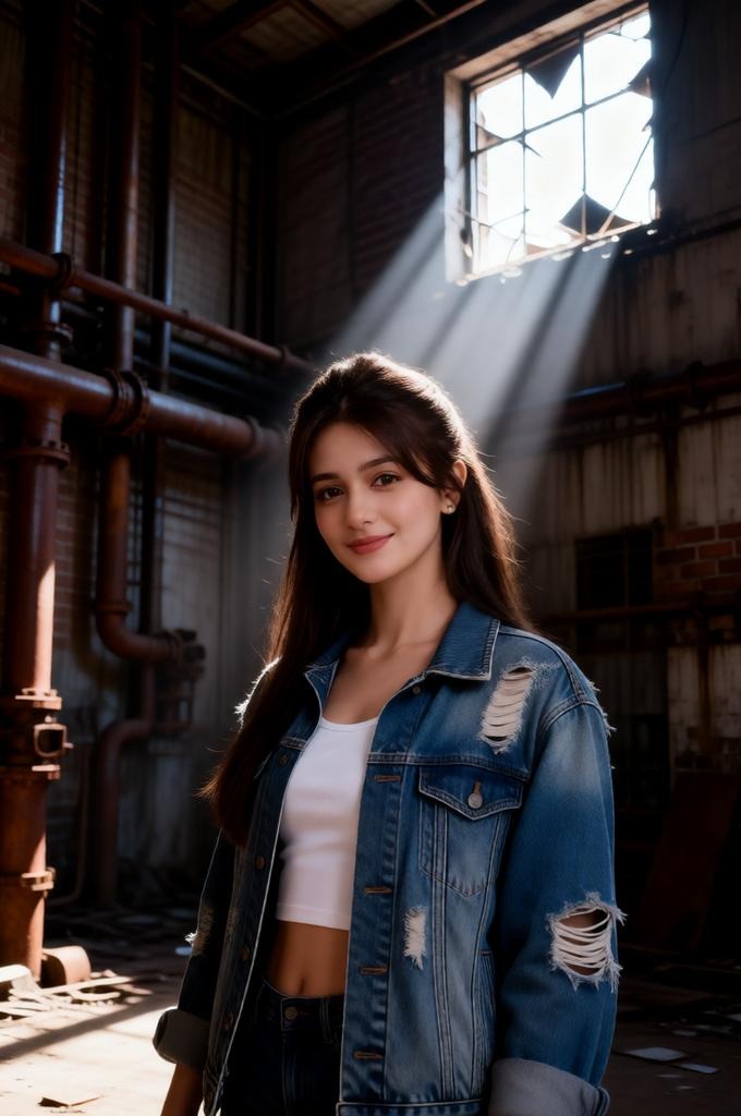 A woman in a grunge outfit is standing in an abandoned warehouse.