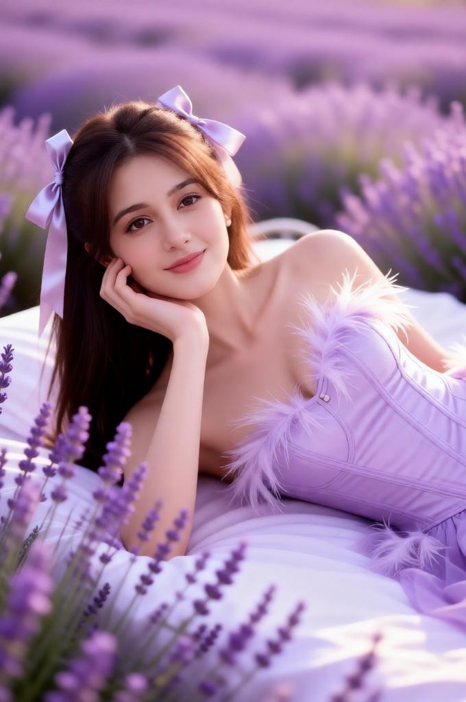 A woman lying in a lavender field wearing a pastel dress.