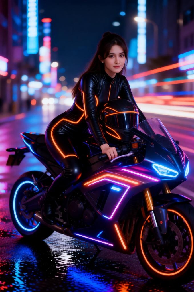 Woman on neon-lit motorcycle at night.