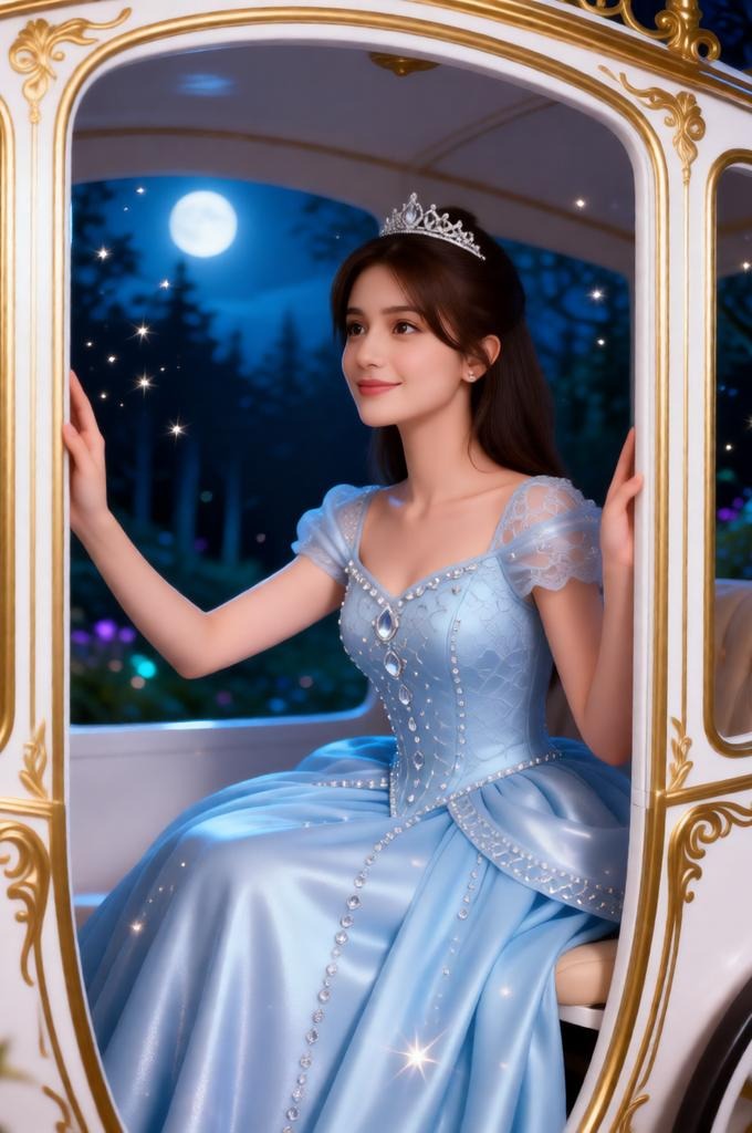 A woman in a ball gown inside a magical carriage at night.