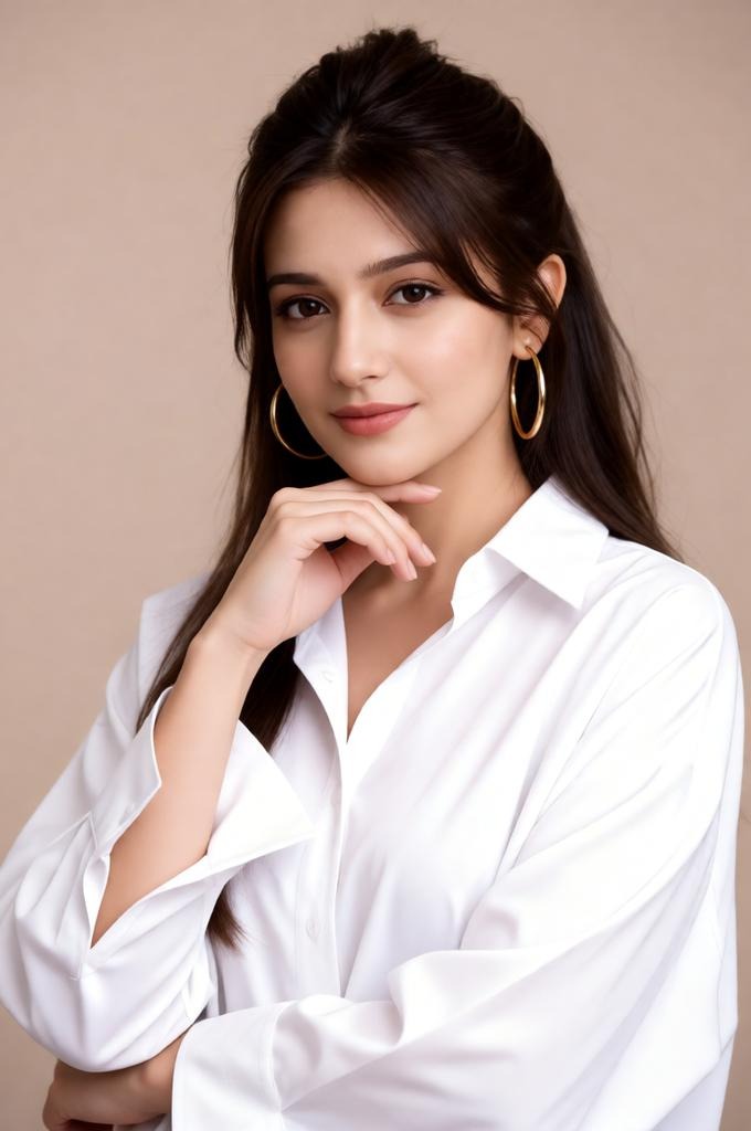 A woman posing in a studio with an oversized shirt background.