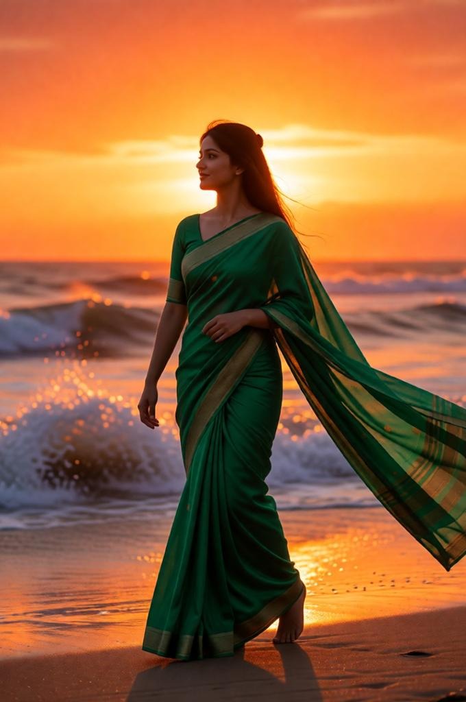 A woman in a saree walking on the beach at sunset.