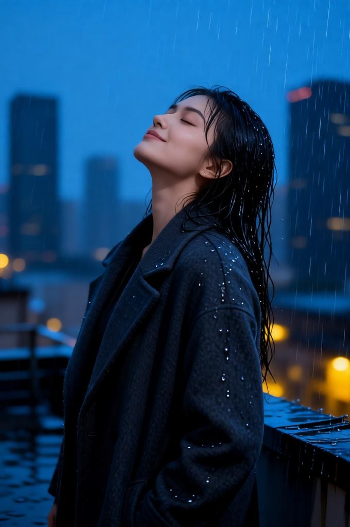 A woman standing in the rain on the rooftop at night.