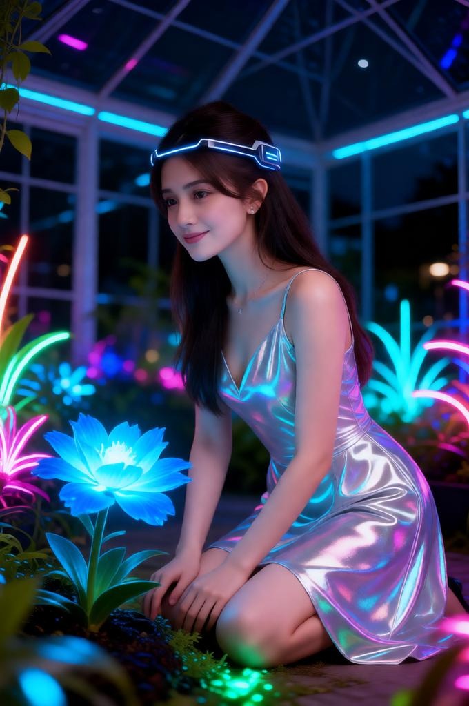 Woman in a glowing greenhouse with neon plants.