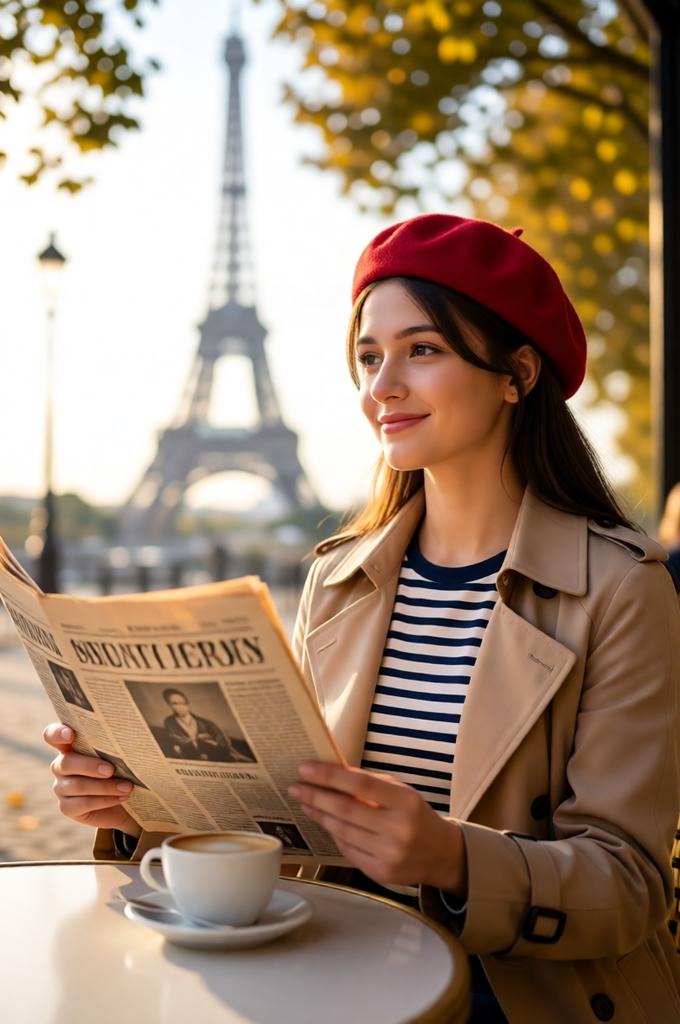 A woman at a Paris cafe with a newspaper and coffee.