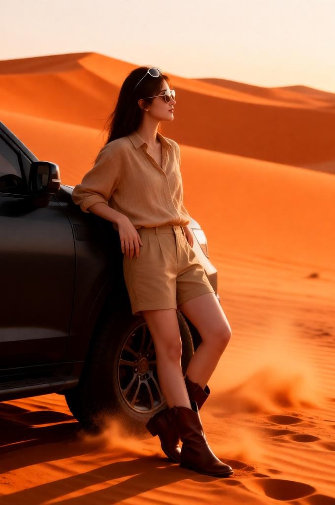 Woman standing near SUV in desert at sunset.