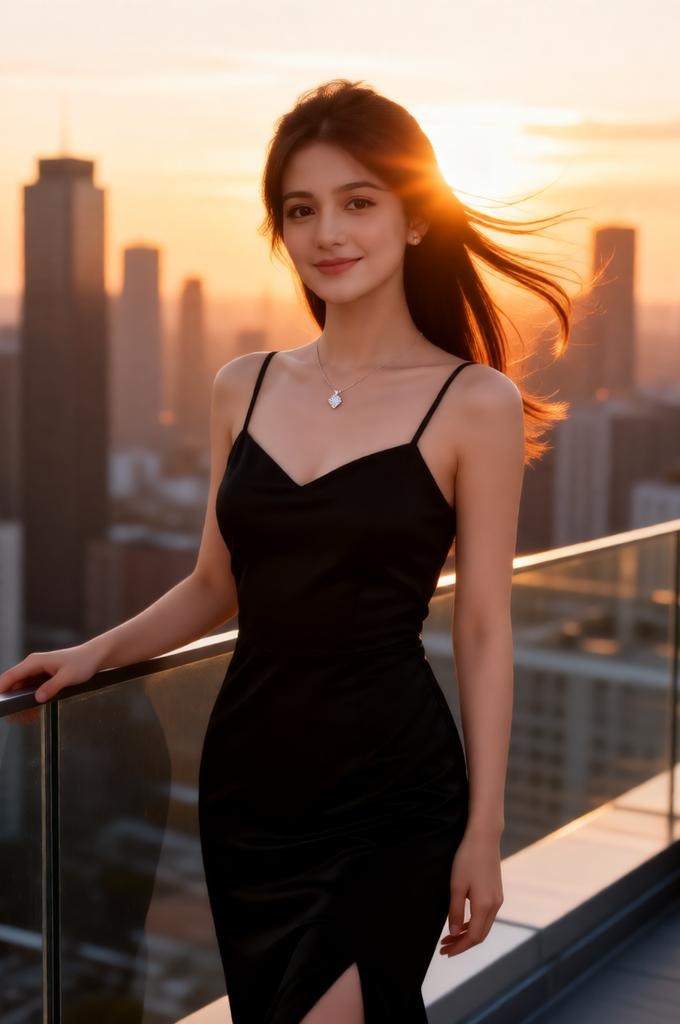Woman in a black dress on the rooftop at sunset with the city skyline behind.