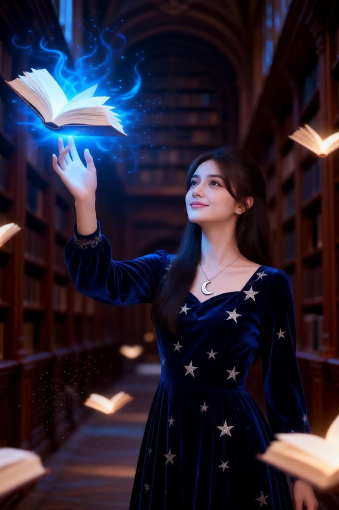 Woman in a gown reaching for glowing books in a dark library.