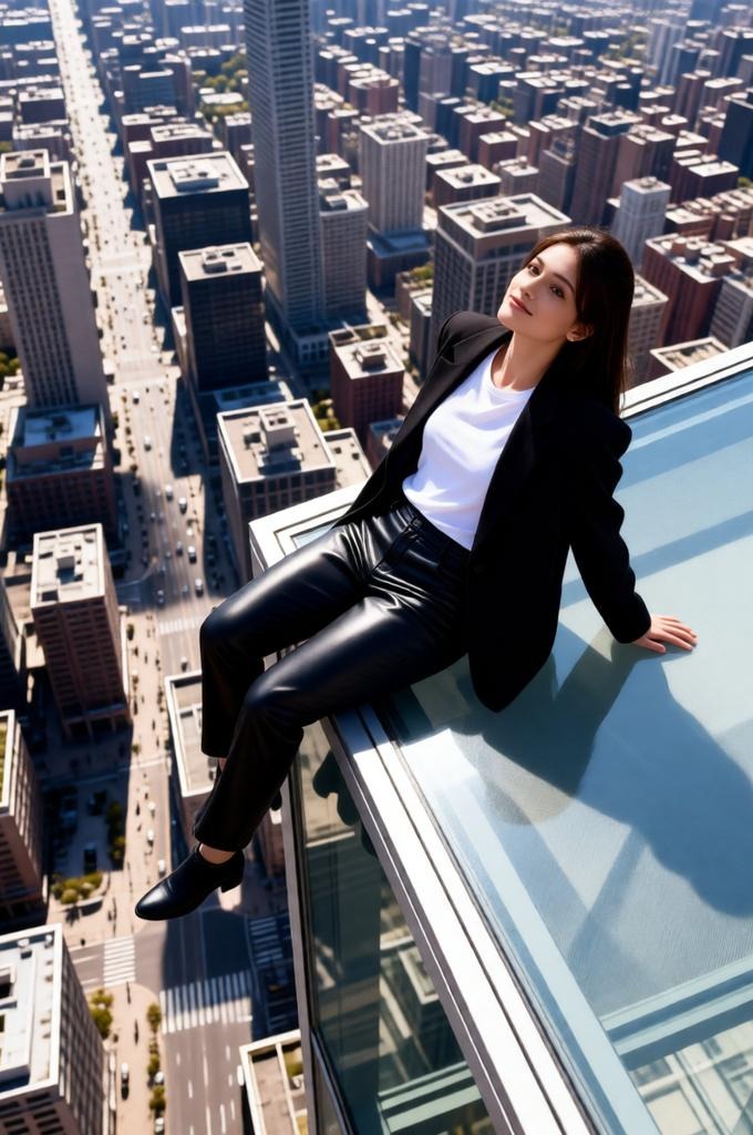 A woman is sitting on the edge of a skyscraper above the city.