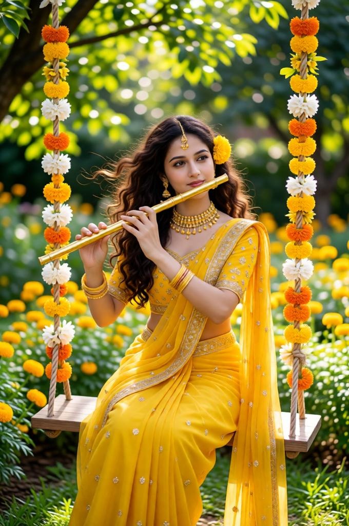 A woman in a lehenga sitting on floral swing holding a flute.
