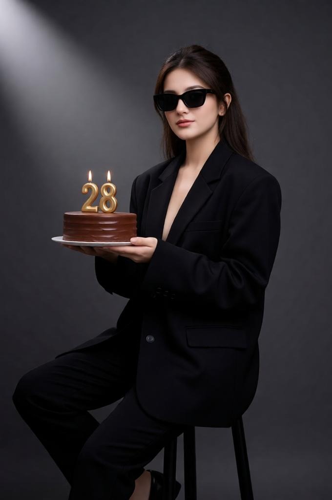 Woman holding birthday cake in studio with spotlight.