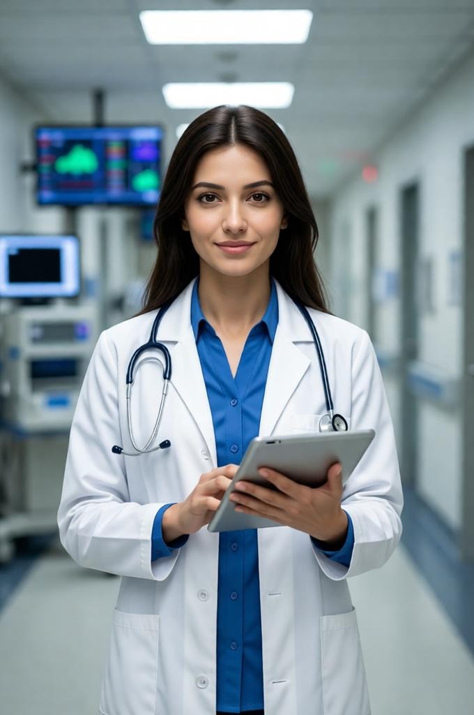 A woman in a doctor's coat is walking in a hospital hallway.