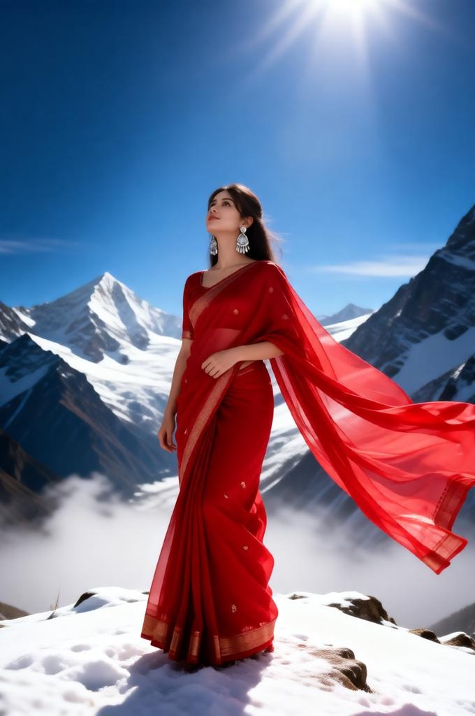 A woman in a red saree on a snowy mountain peak.