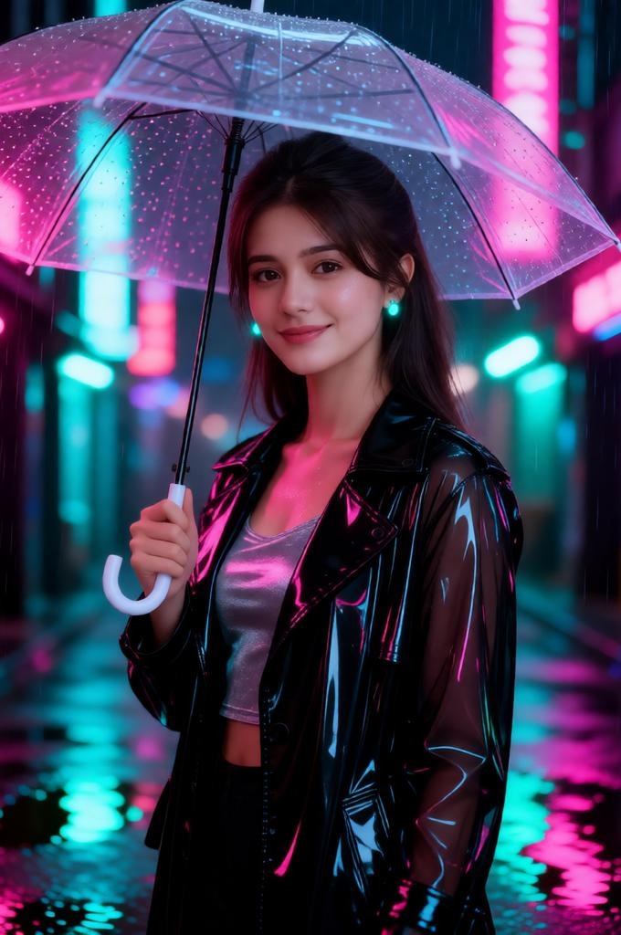 A woman under an umbrella in a neon-lit rainy alley.