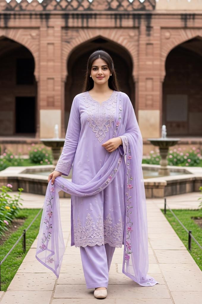 A woman in a lilac outfit walking through the Mughal garden.