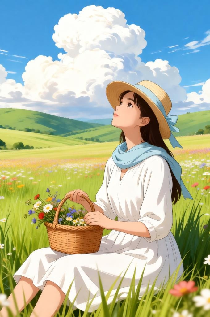 A woman in a white dress sitting in a flower field under soft daylight.