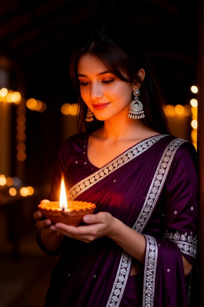 Woman holding a diya in a dark Diwali setting.