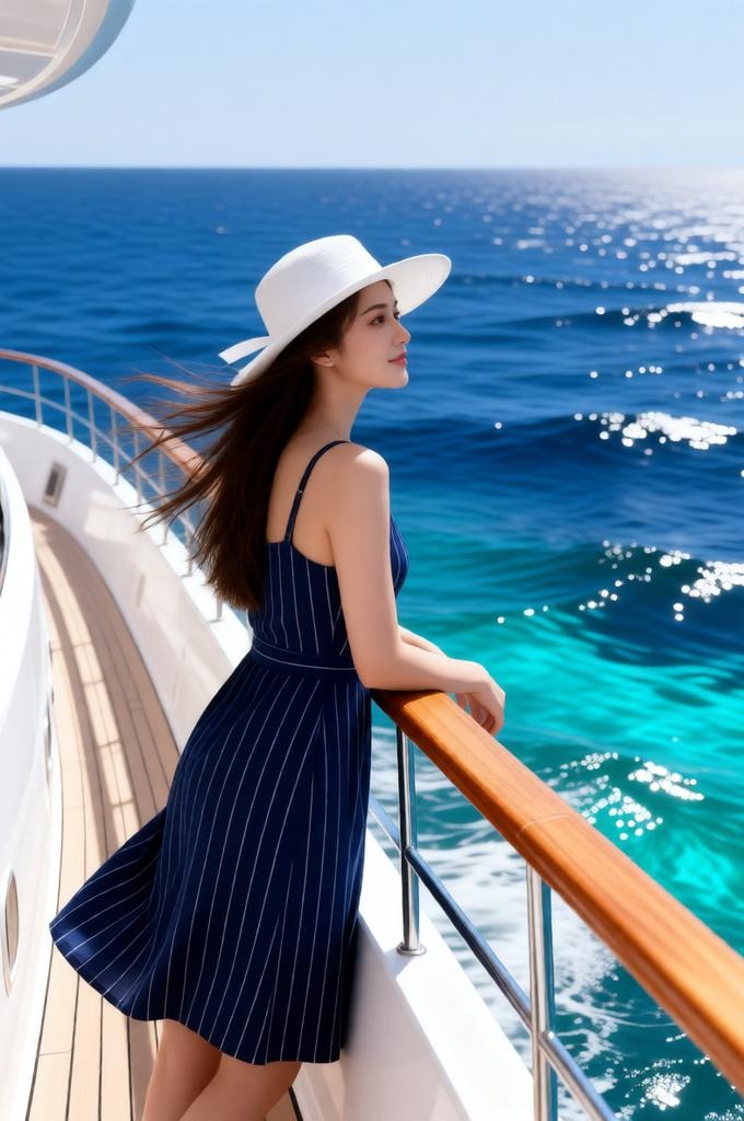 A woman on a yacht in the ocean under bright sunlight.