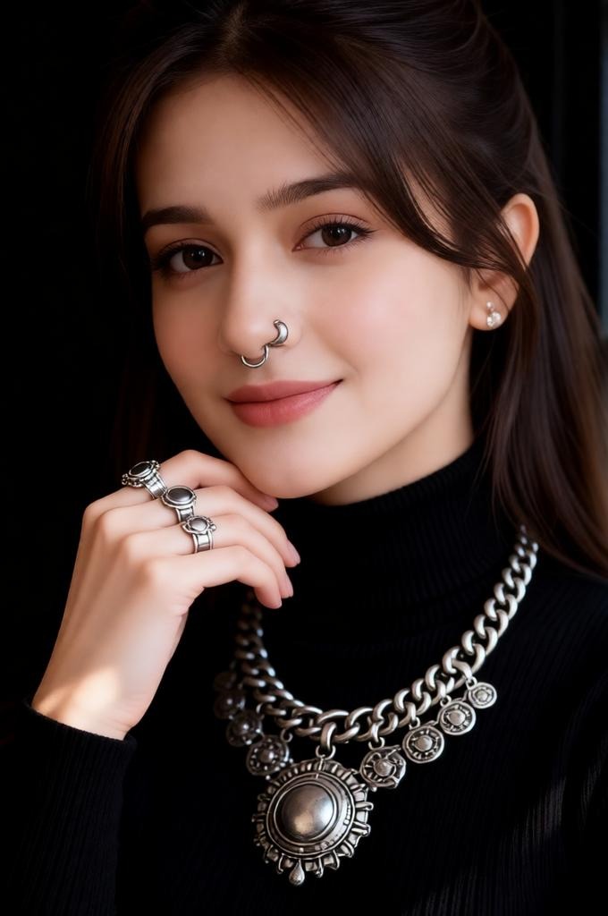 Close-up of a woman in black with silver jewelry.