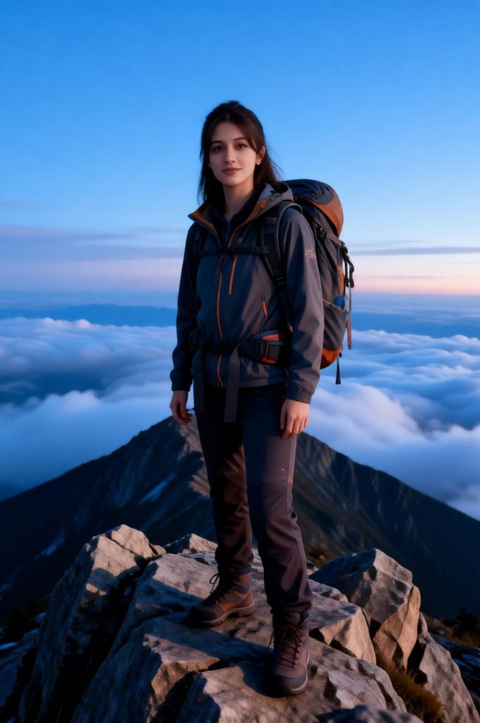 Woman on a mountain peak in trekking gear.