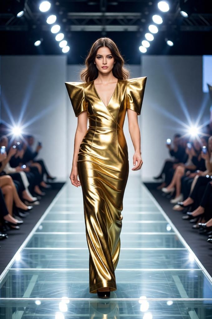A woman walking on the runway in a metallic gown.