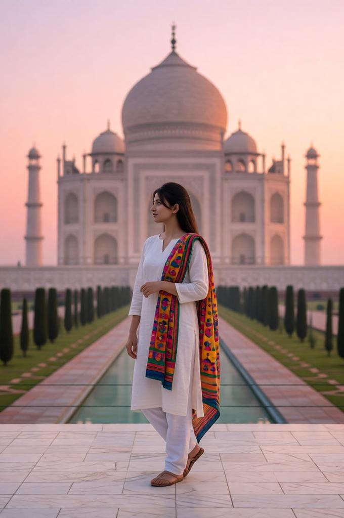 A woman standing before the Taj Mahal at sunrise.