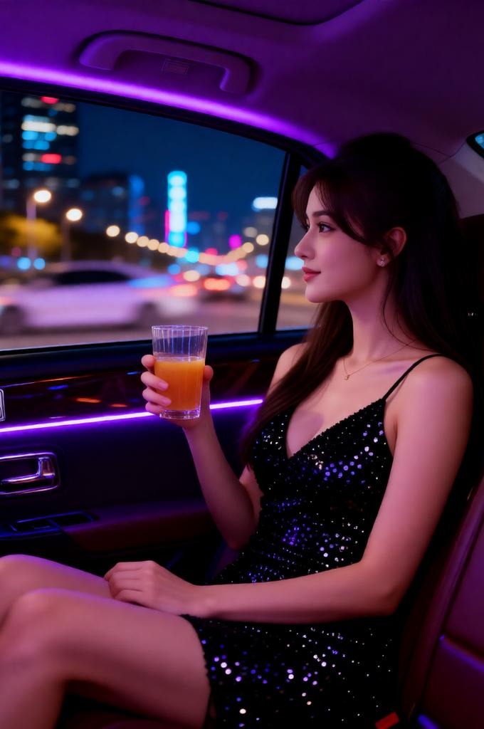 A woman inside a luxury car at night with city lights.
