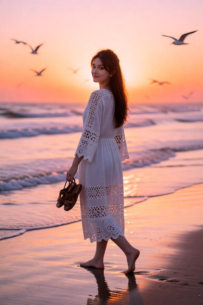 A woman walking barefoot on the beach at sunset.