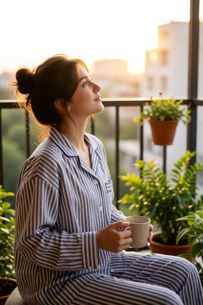 Woman sitting on balcony with coffee in morning light.