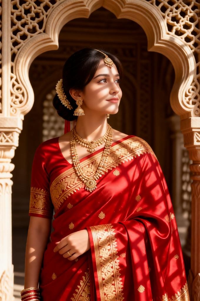 Woman in red saree under temple arch with patterned sunlight on face.