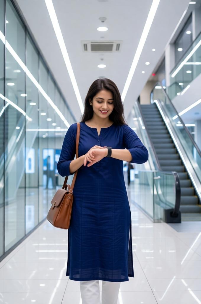 A woman in a kurti walking in a modern office hallway.