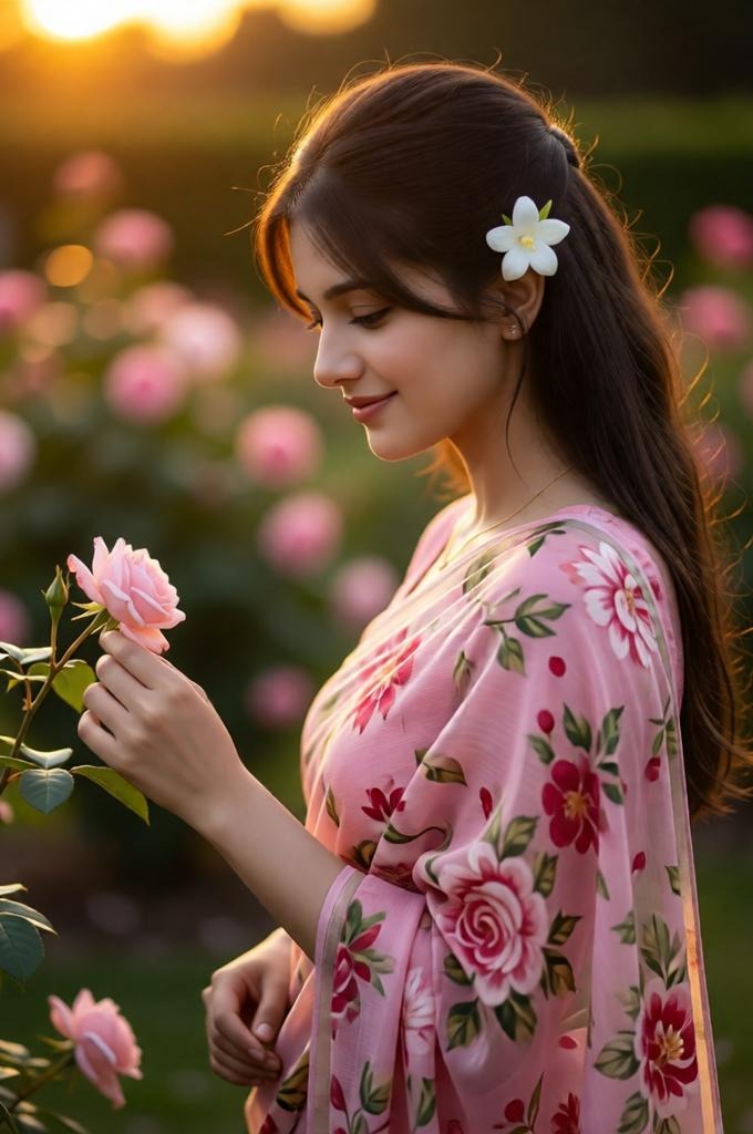 A woman in a floral saree standing in the rose garden.