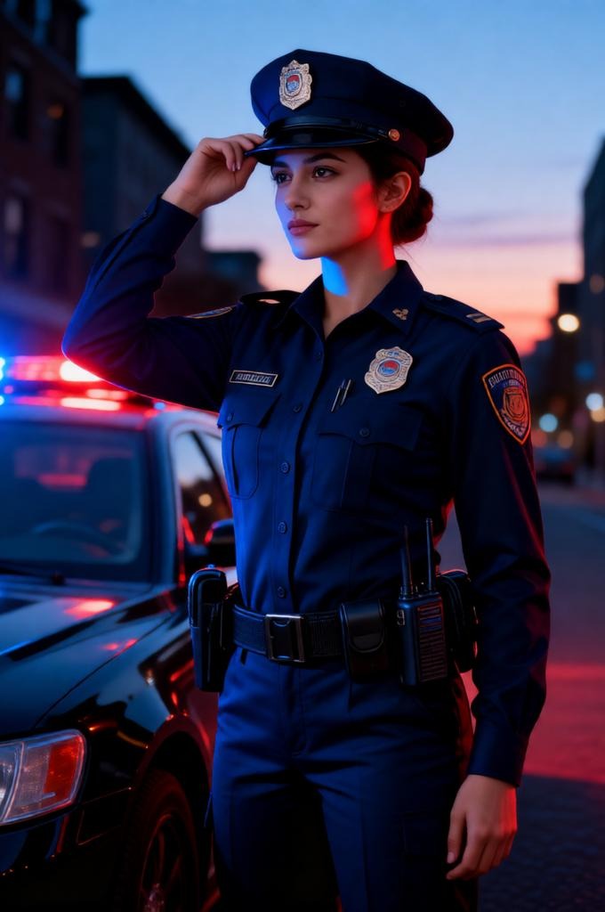 Woman in police uniform near patrol car with lights.
