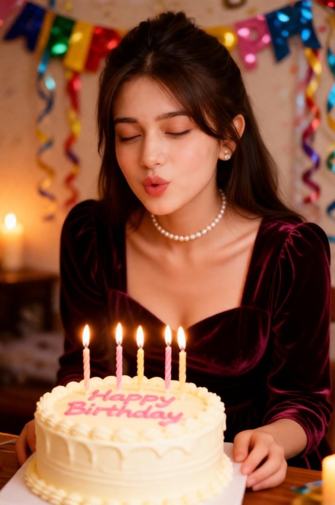 Woman blowing birthday candles in cozy home setup.