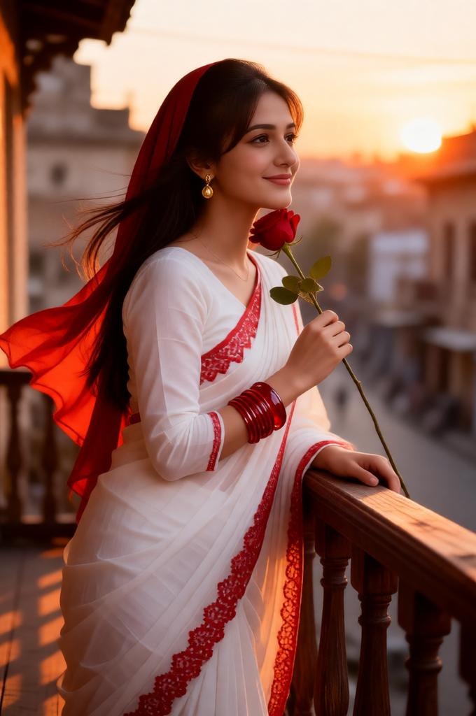 A woman in a white saree and red hijab on the balcony holding a rose.