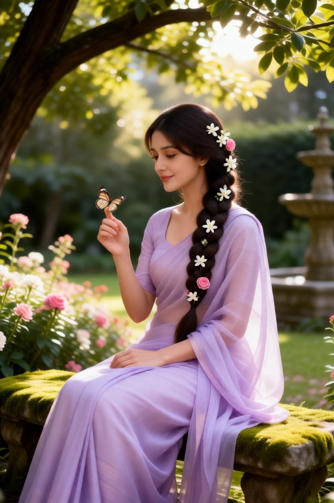 A woman in a lavender saree sitting in a garden with a butterfly.
