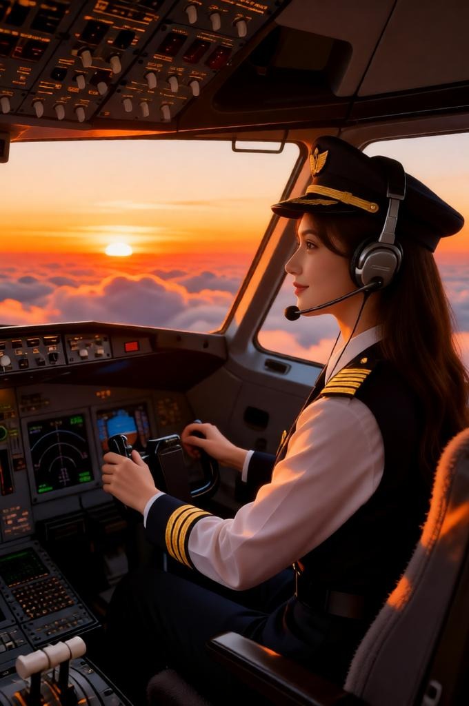 Woman in a pilot uniform inside airplane cockpit at sunset.