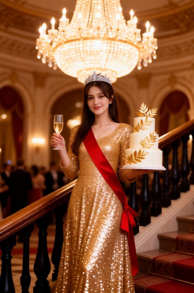 Woman in ballroom holding cake and champagne.