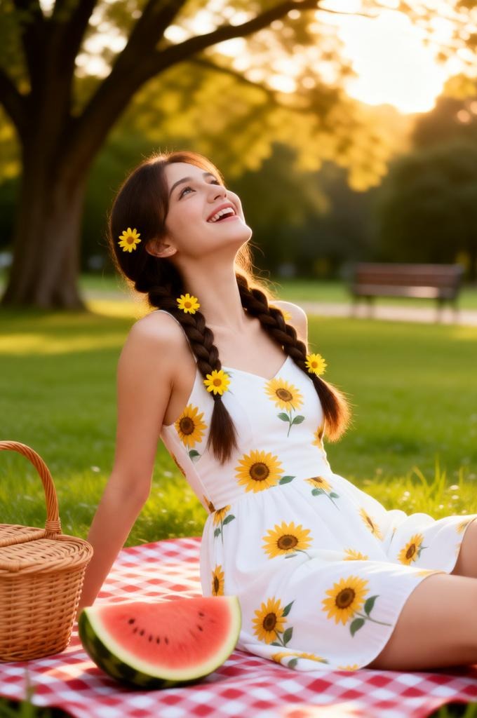 Woman sitting on a picnic blanket in a park at golden hour.