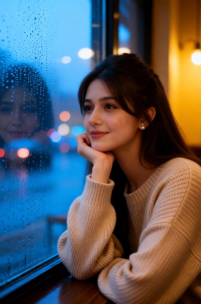 A woman in a sweater looking out a foggy cafe window with warm light.